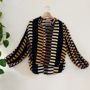 Apiece Apart 100% Silk Stripe Blouse with Puff Sleeves